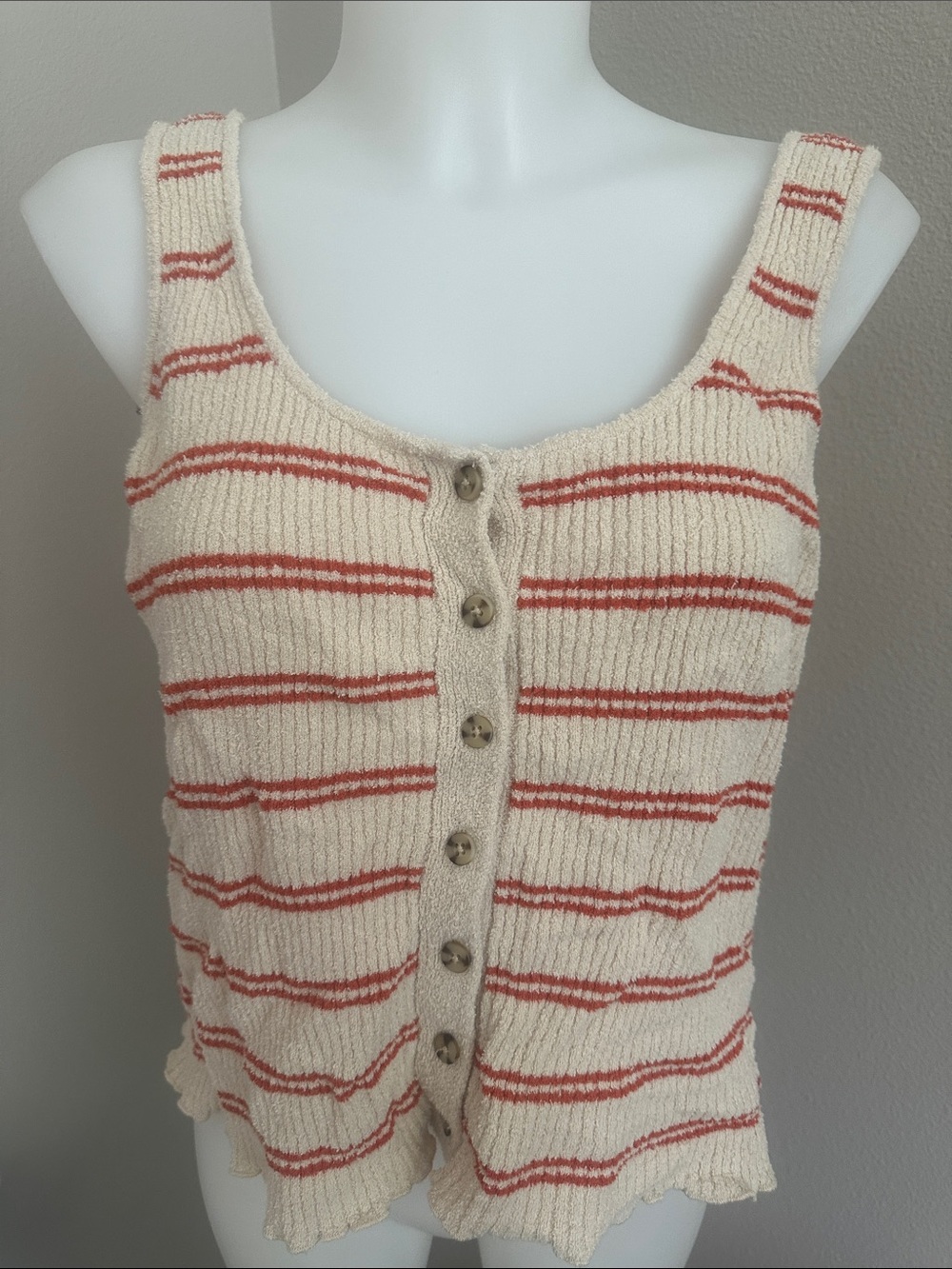 Madewell Cream Knit Tank with Coral Stripe Buttons